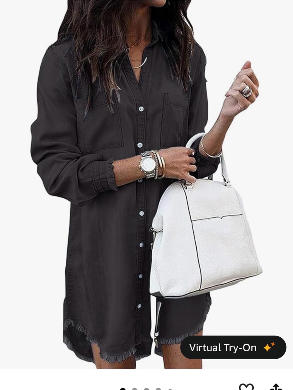 Women’s Black denim Long Sleeve Frayed Hem Shirt Dress